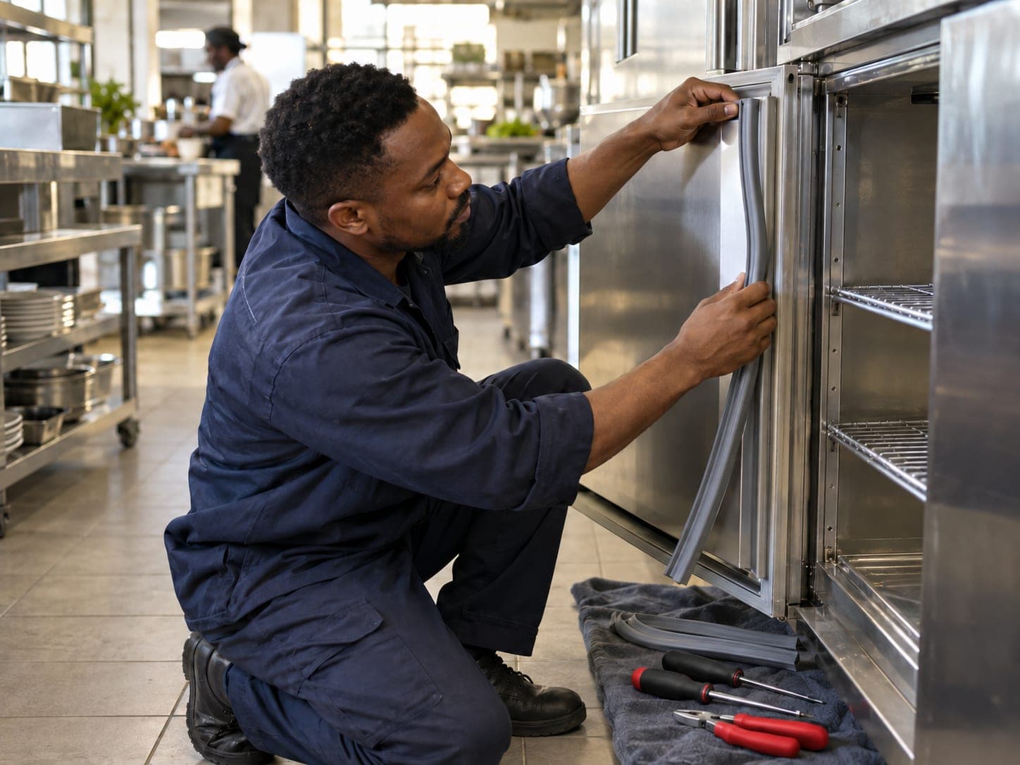 A technician fits a new door seal on a commercial fridge.