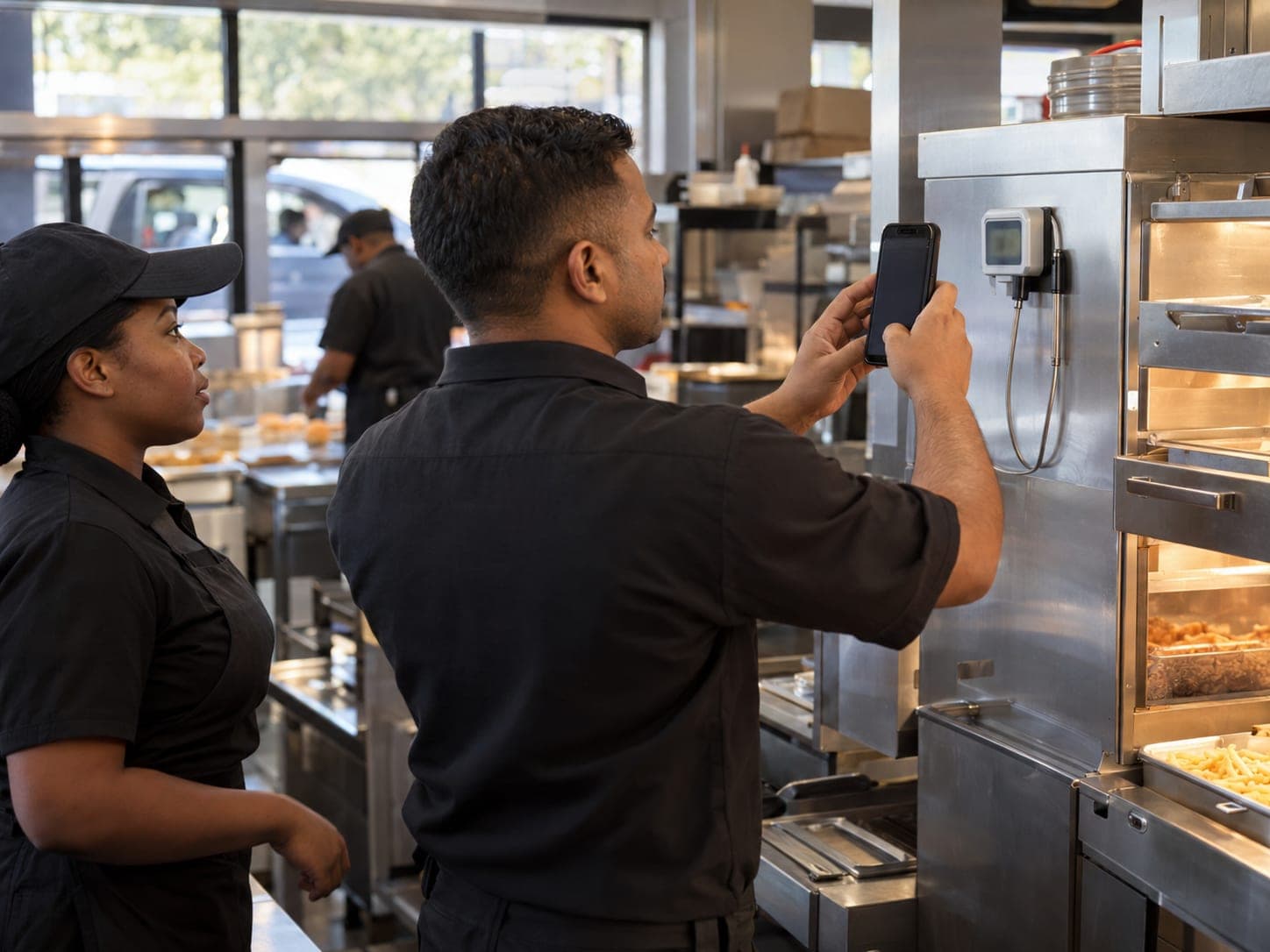 An area manager photographs a hot-holding thermometer reading at a burger franchise.