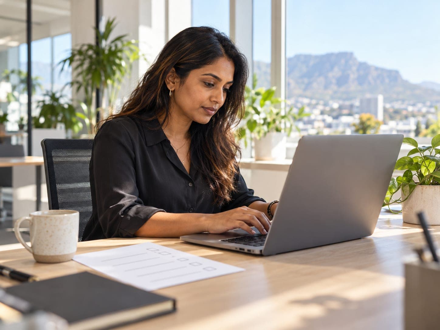An operations manager builds a checklist on a laptop at head office.