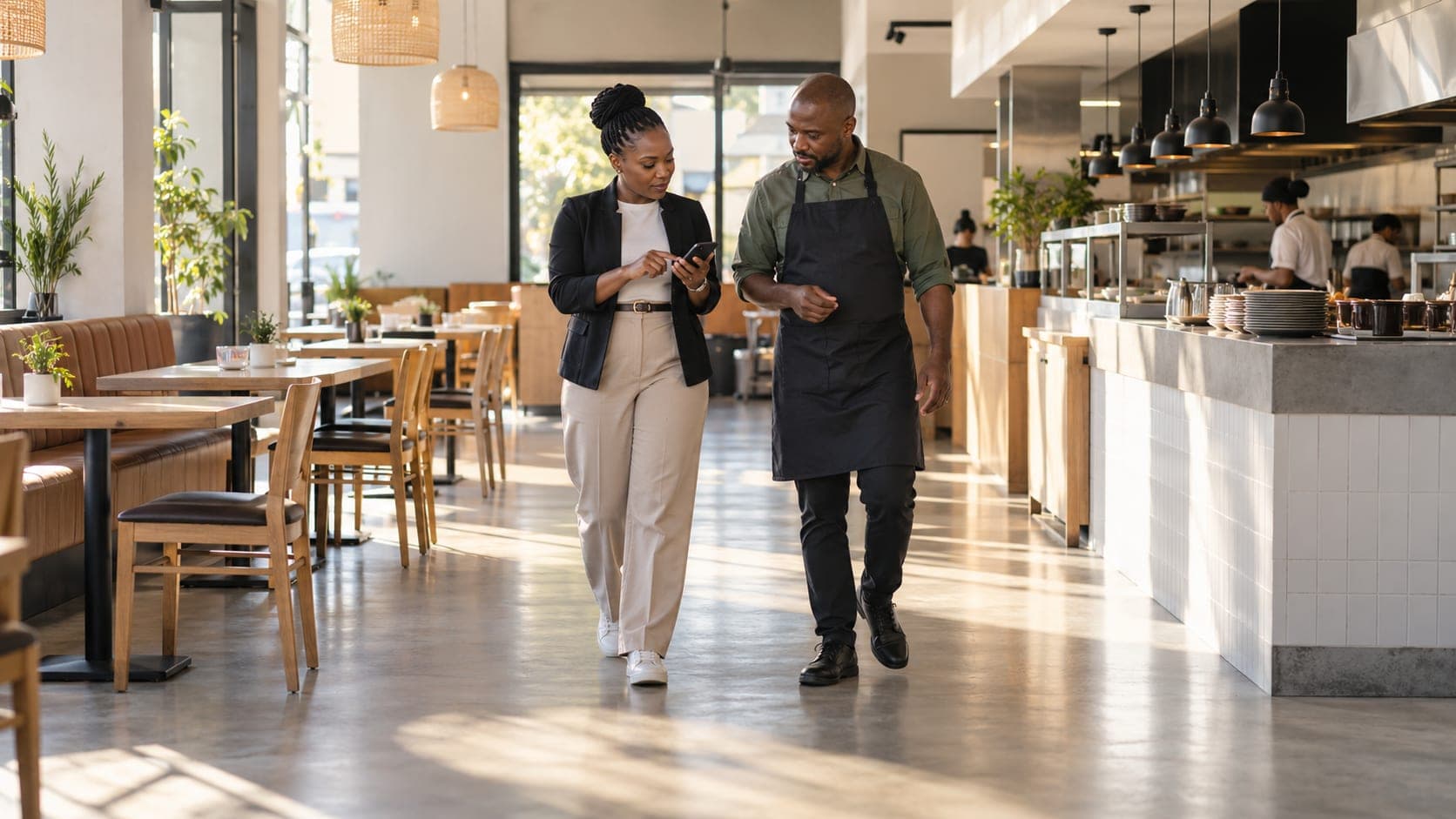 An area manager walks a restaurant floor with the store manager at opening time, checking items off on a phone.