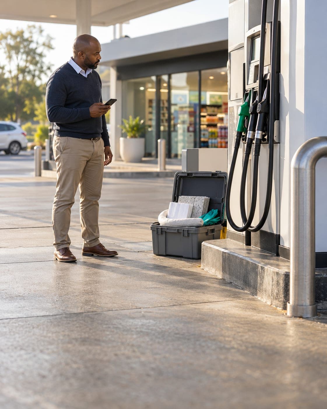 An area manager checks the pumps on a fuel station forecourt.