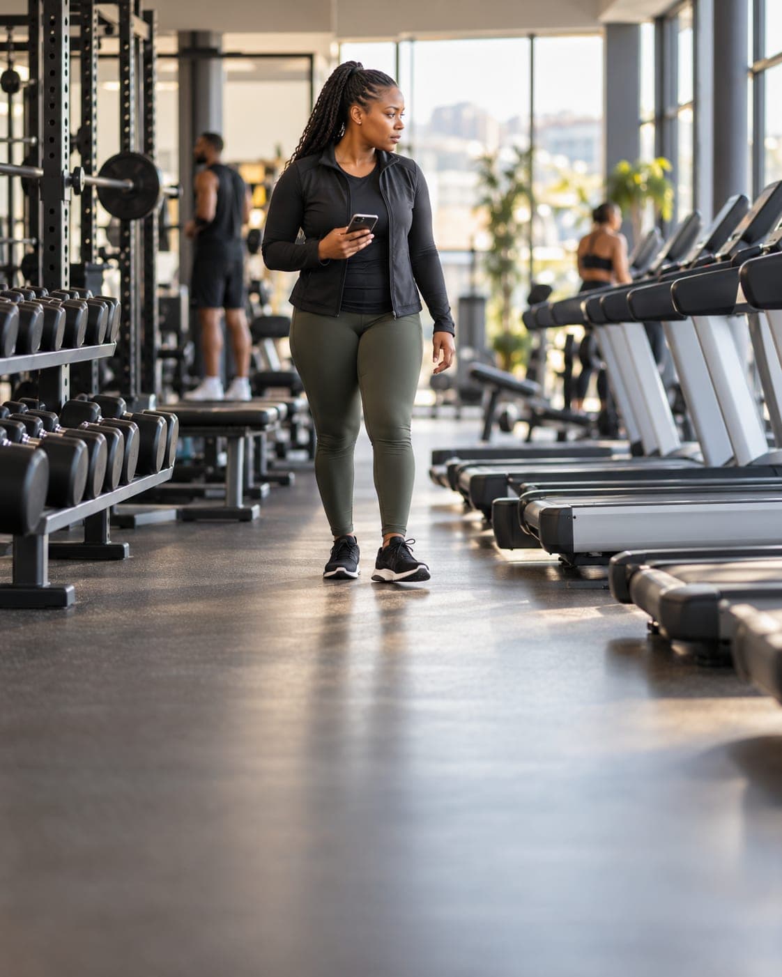 A gym manager checks the treadmills with a phone.