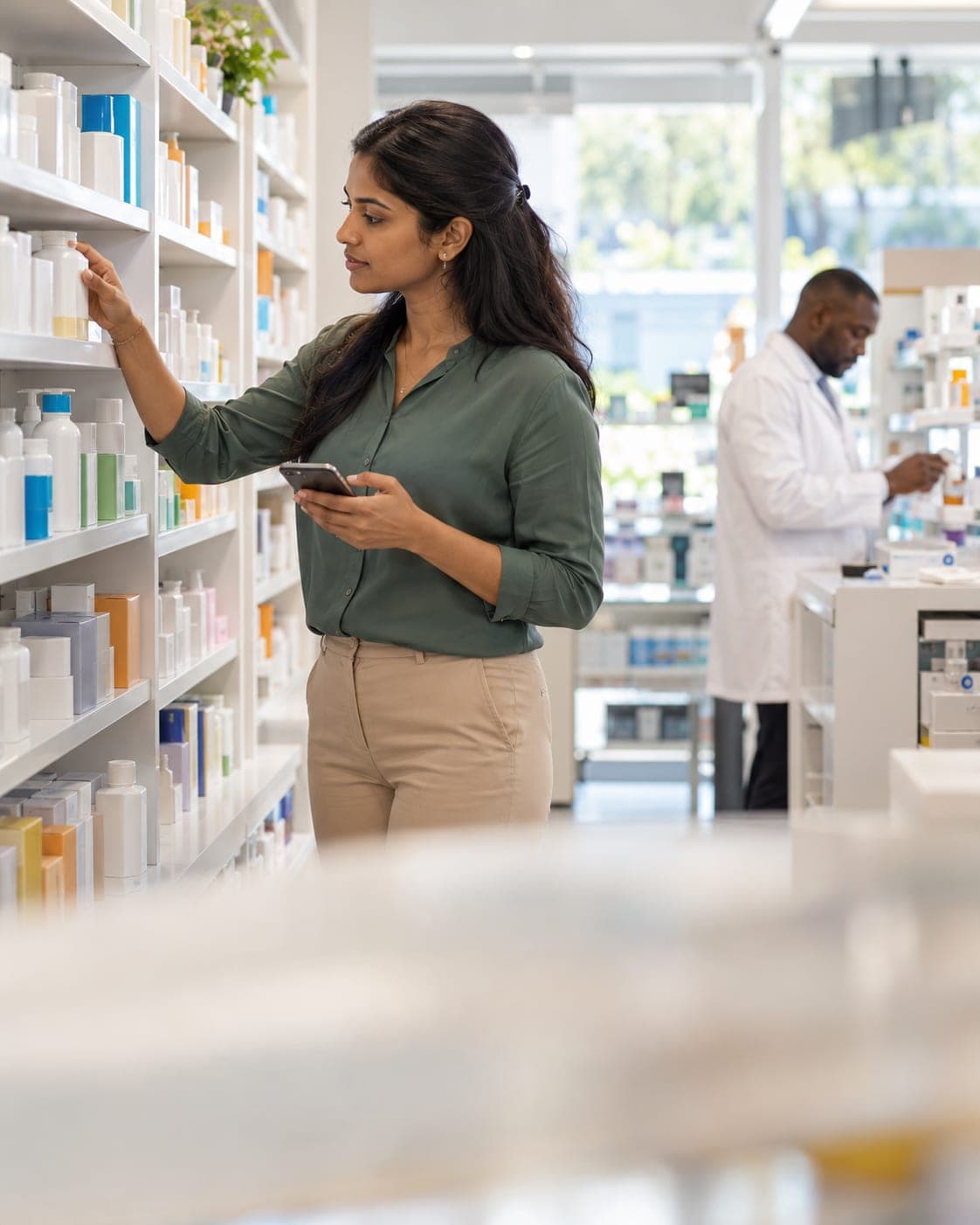 A pharmacy manager checks the front-shop shelves.