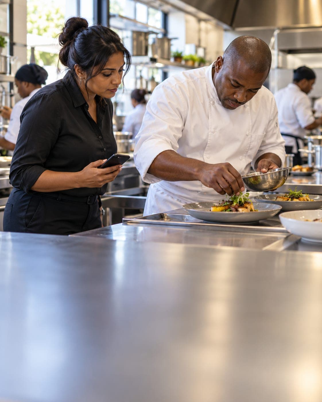 A manager checks the kitchen line while a chef plates.