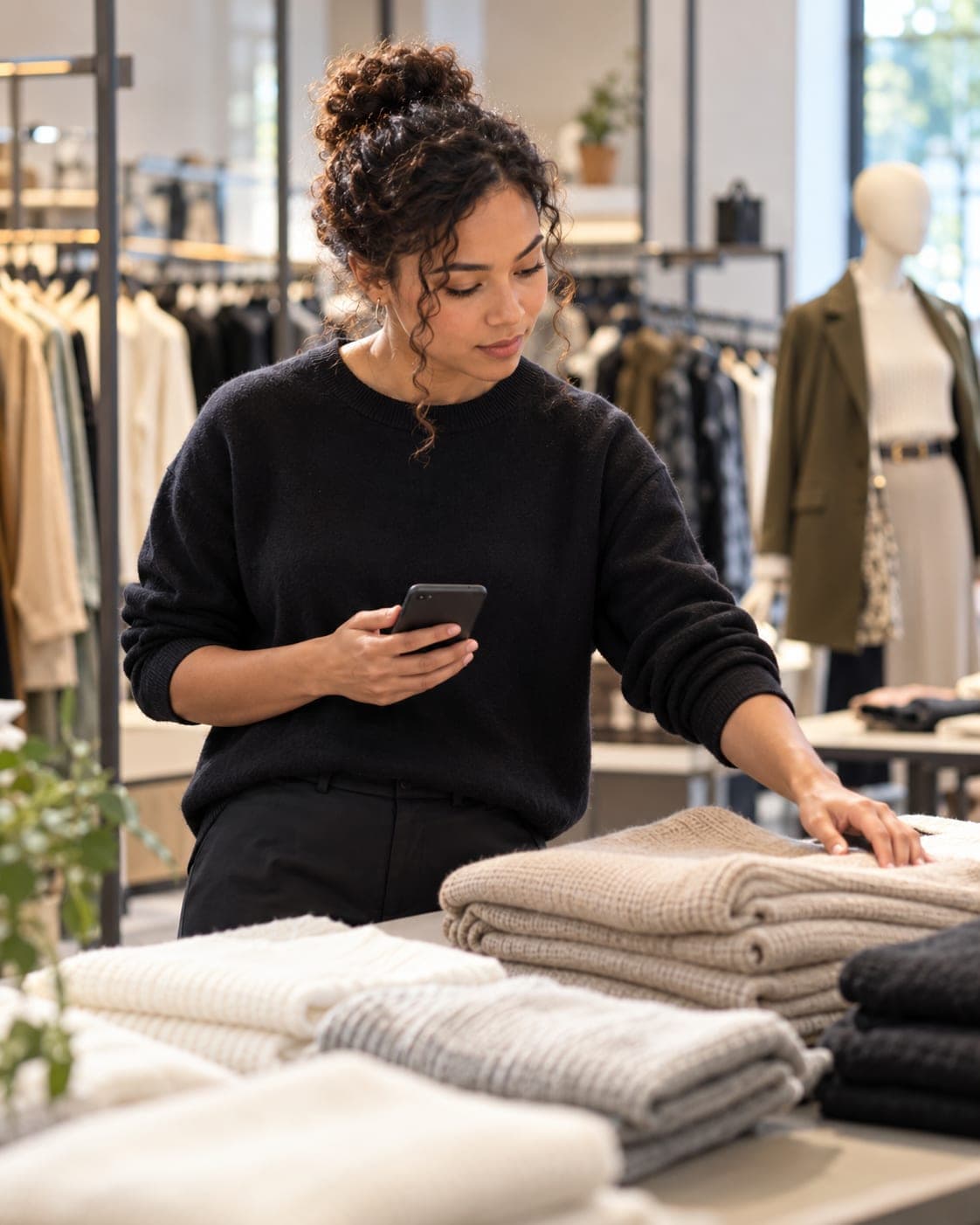 A visual merchandiser checks a display table of knitwear.