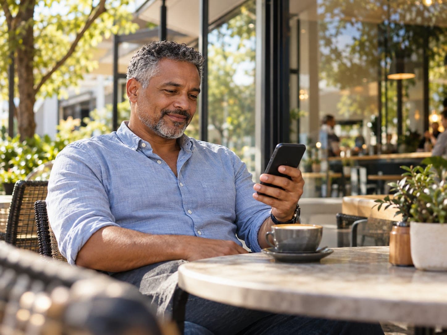 A franchise owner reads a report on his phone outside one of his stores.